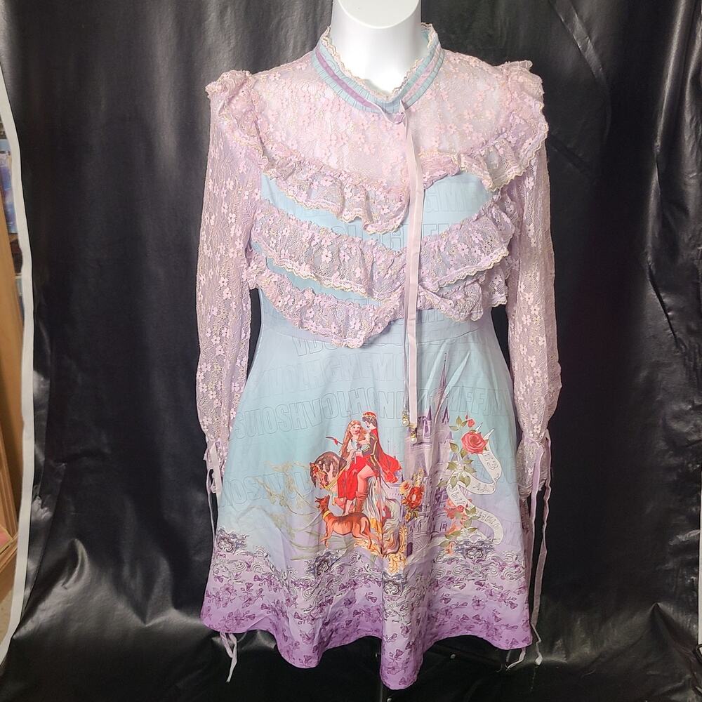 NWT Burryco blue, purple pastel lace ruffle fit and flare dress size xl